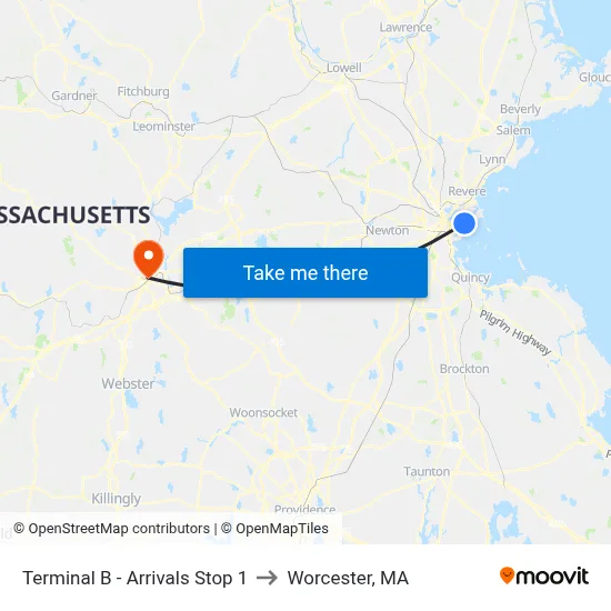 Terminal B - Arrivals Stop 1 to Worcester, MA map