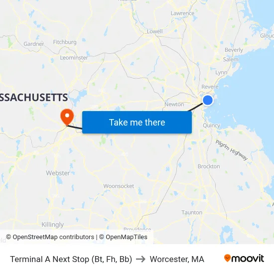 Terminal A Next Stop (Bt, Fh, Bb) to Worcester, MA map