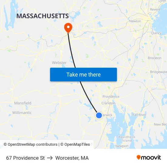 67 Providence St to Worcester, MA map