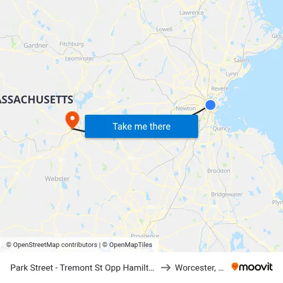 Park Street - Tremont St Opp Hamilton Pl to Worcester, MA map