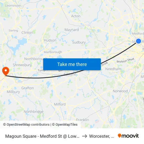 Magoun Square - Medford St @ Lowell St to Worcester, MA map