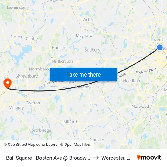 Ball Square - Boston Ave @ Broadway to Worcester, MA map