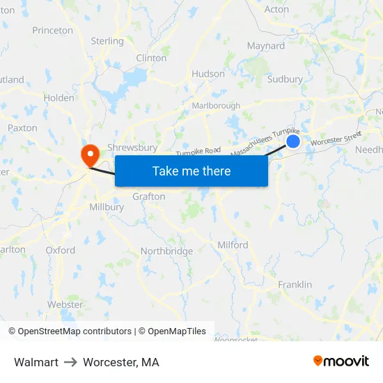 Walmart to Worcester, MA map