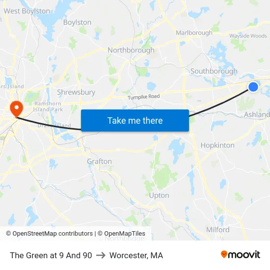 The Green at 9 And 90 to Worcester, MA map