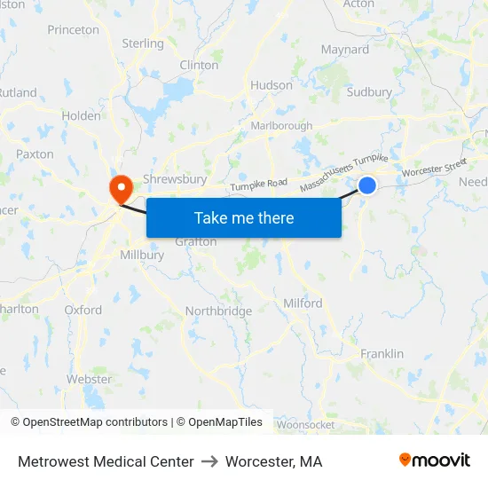 Metrowest Medical Center to Worcester, MA map