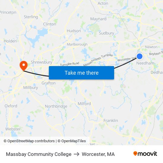 Massbay Community College to Worcester, MA map