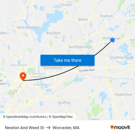 Newton And Weed St to Worcester, MA map