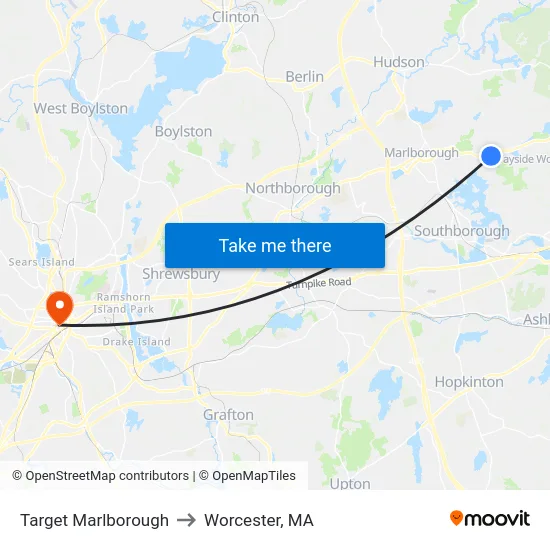 Target Marlborough to Worcester, MA map