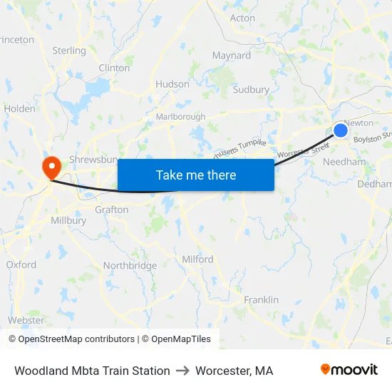 Woodland Mbta Train Station to Worcester, MA map