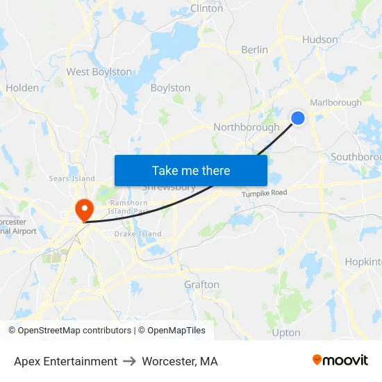 Apex Entertainment to Worcester, MA map