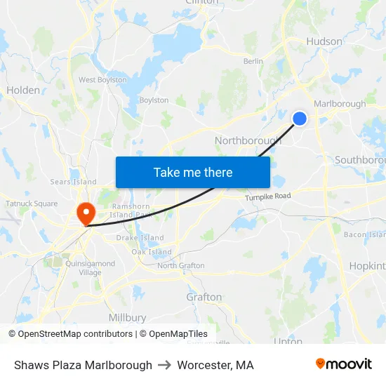 Shaws Plaza Marlborough to Worcester, MA map