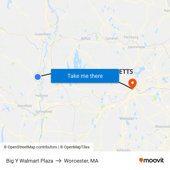Big Y Walmart Plaza to Worcester, MA map