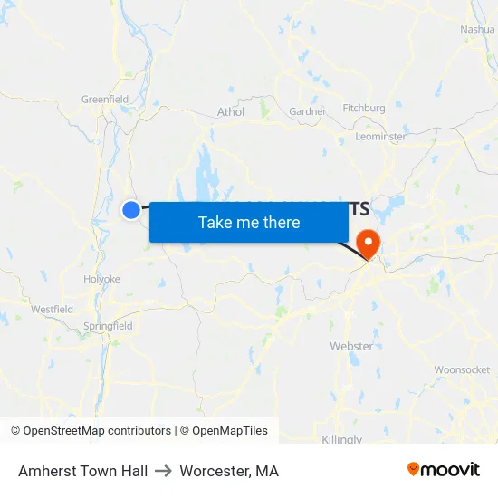 Amherst Town Hall to Worcester, MA map