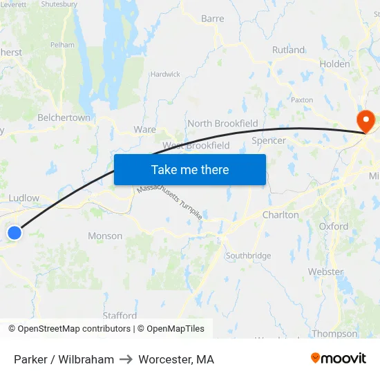 Parker / Wilbraham to Worcester, MA map