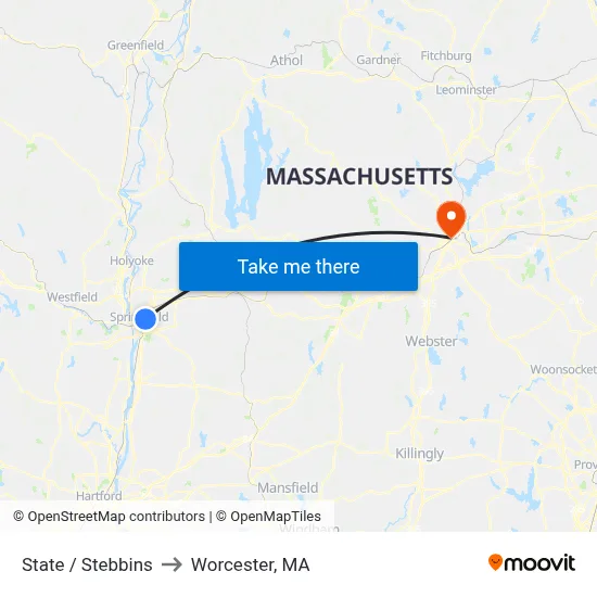 State / Stebbins to Worcester, MA map