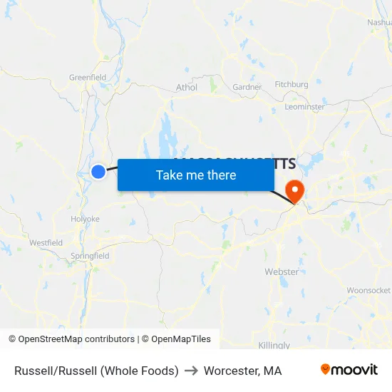 Russell/Russell (Whole Foods) to Worcester, MA map
