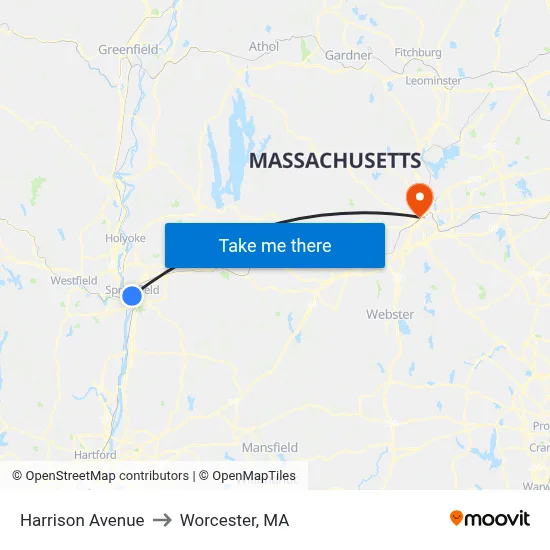 Harrison Avenue to Worcester, MA map