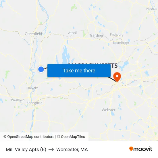 Mill Valley Apts (E) to Worcester, MA map