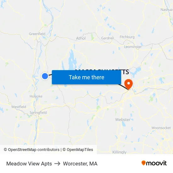 Meadow View Apts to Worcester, MA map