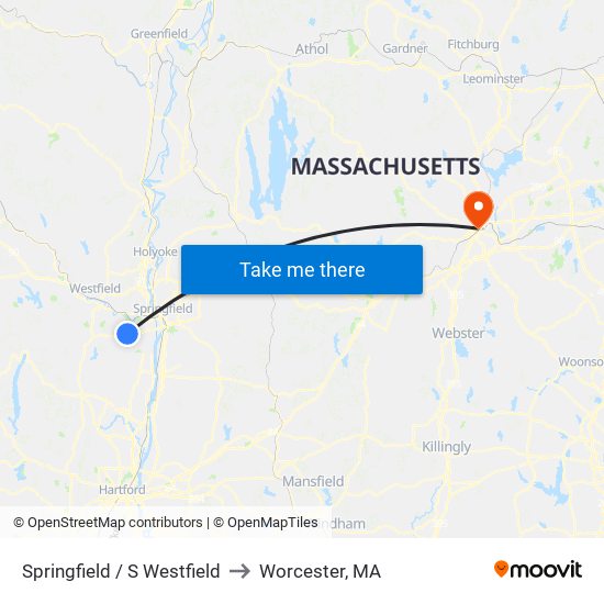 Springfield / S Westfield to Worcester, MA map