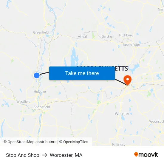 Stop And Shop to Worcester, MA map