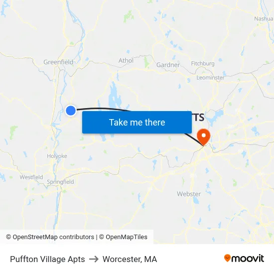 Puffton Village Apts to Worcester, MA map