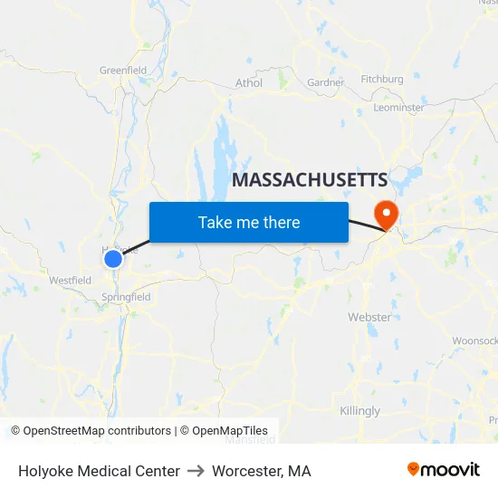 Holyoke Medical Center to Worcester, MA map