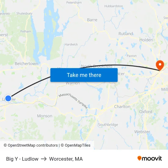 Big Y - Ludlow to Worcester, MA map