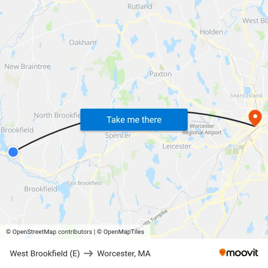 West Brookfield (E) to Worcester, MA map