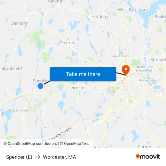 Spencer (E) to Worcester, MA map