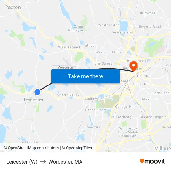 Leicester (W) to Worcester, MA map