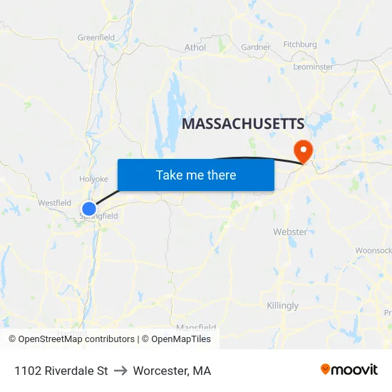 1102 Riverdale St to Worcester, MA map