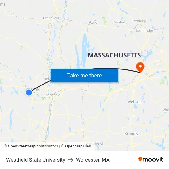 Westfield State University to Worcester, MA map