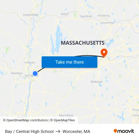 Bay / Central High School to Worcester, MA map