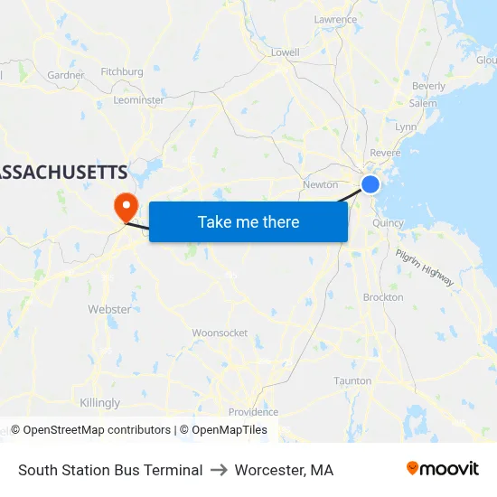 South Station Bus Terminal to Worcester, MA map