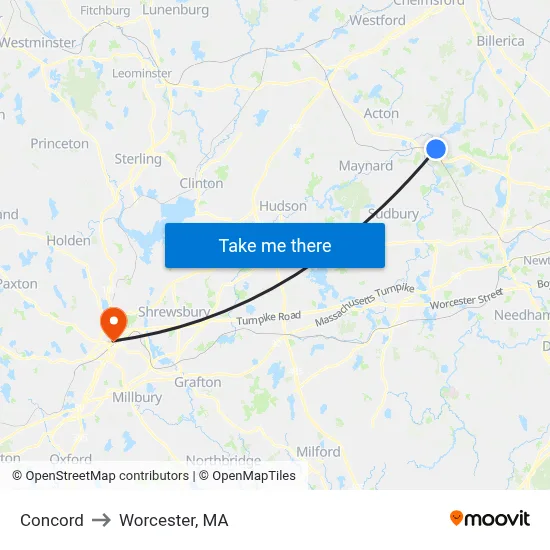 Concord to Worcester, MA map