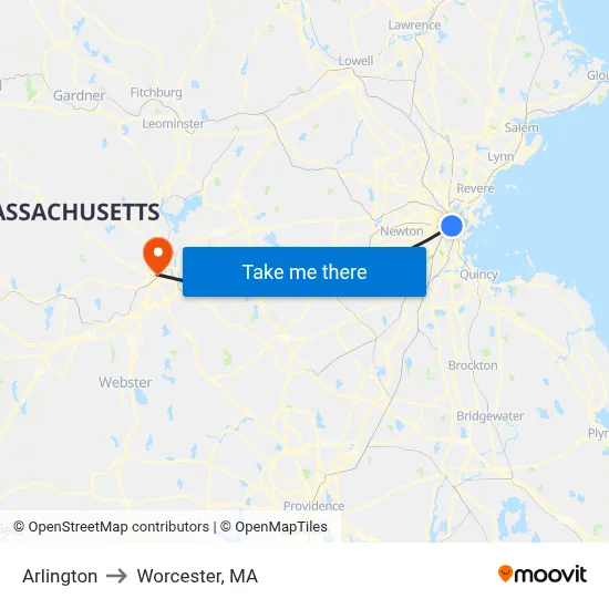 Arlington to Worcester, MA map