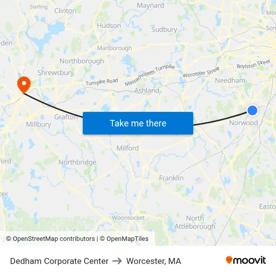 Dedham Corporate Center to Worcester, MA map