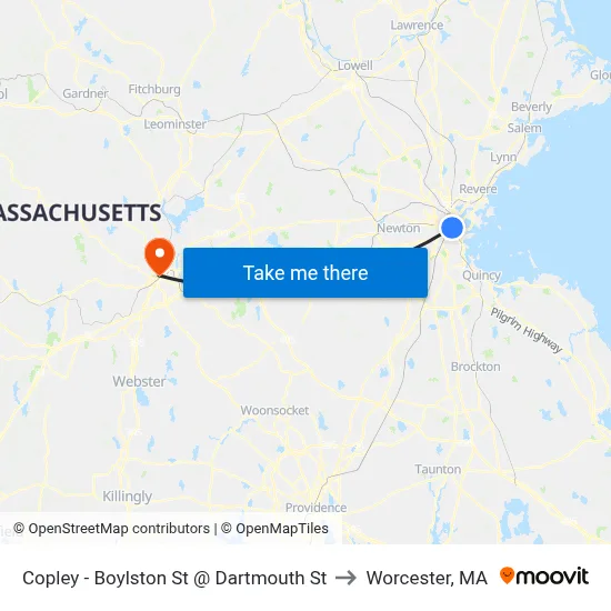 Copley - Boylston St @ Dartmouth St to Worcester, MA map
