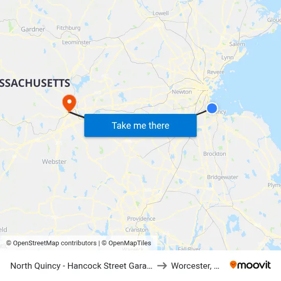 North Quincy - Hancock Street Garage to Worcester, MA map