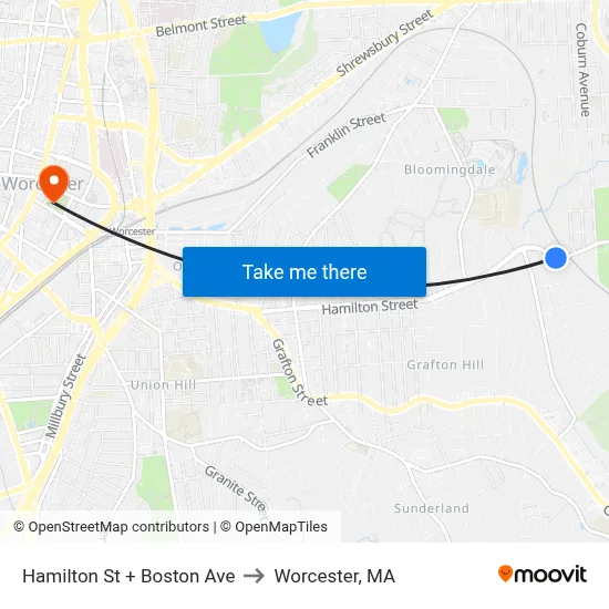 Hamilton St + Boston Ave to Worcester, MA map
