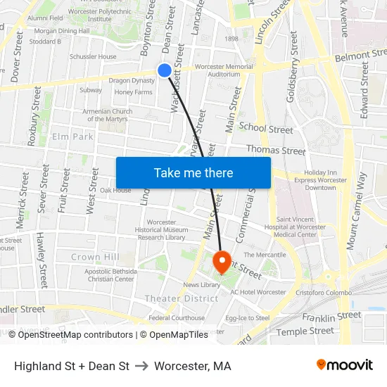 Highland St + Dean St to Worcester, MA map
