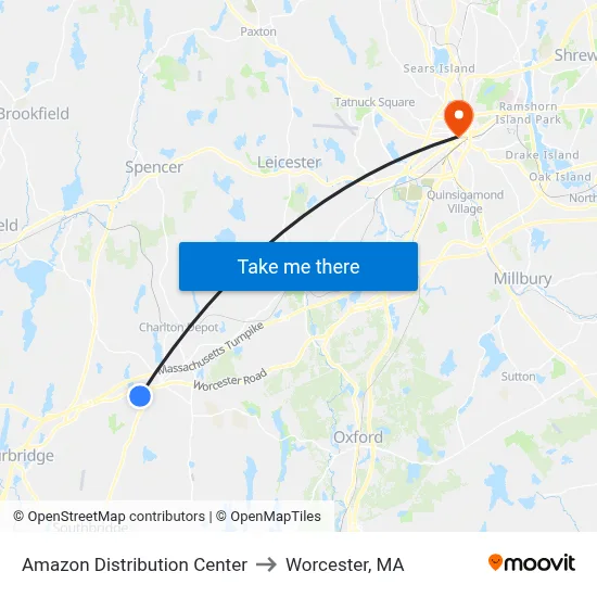 Amazon Distribution Center to Worcester, MA map
