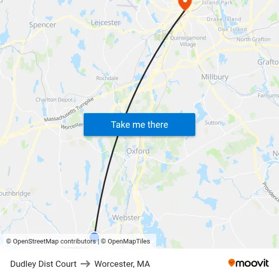 Dudley Dist Court to Worcester, MA map