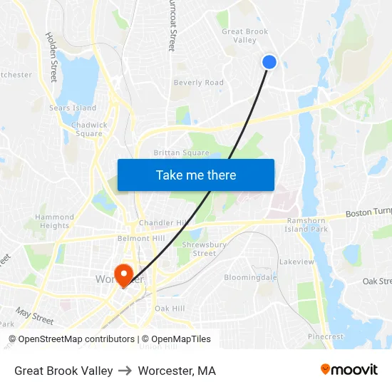 Great Brook Valley to Worcester, MA map