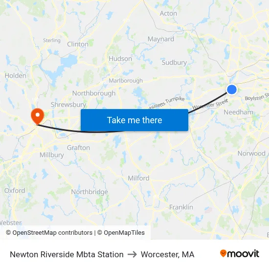 Newton Riverside Mbta Station to Worcester, MA map