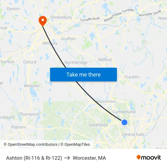 Ashton (Ri-116 & Ri-122) to Worcester, MA map
