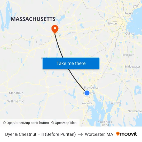 Dyer & Chestnut Hill (Before Puritan) to Worcester, MA map