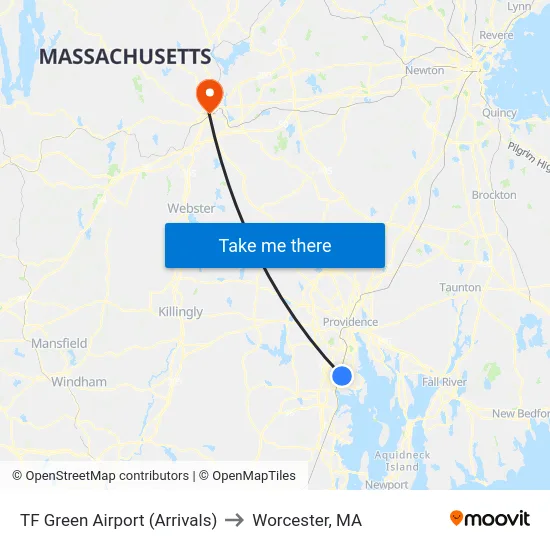 TF Green Airport (Arrivals) to Worcester, MA map