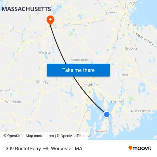 309 Bristol Ferry to Worcester, MA map